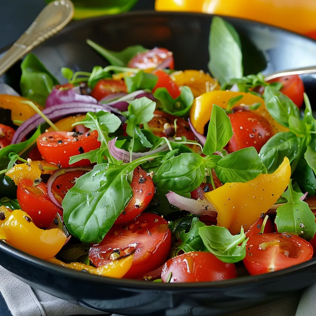 Black bowl with a variety of vegetables, including tomatoes, onions, and spinach. The bowl is filled with a colorful and healthy mix of vegetables.